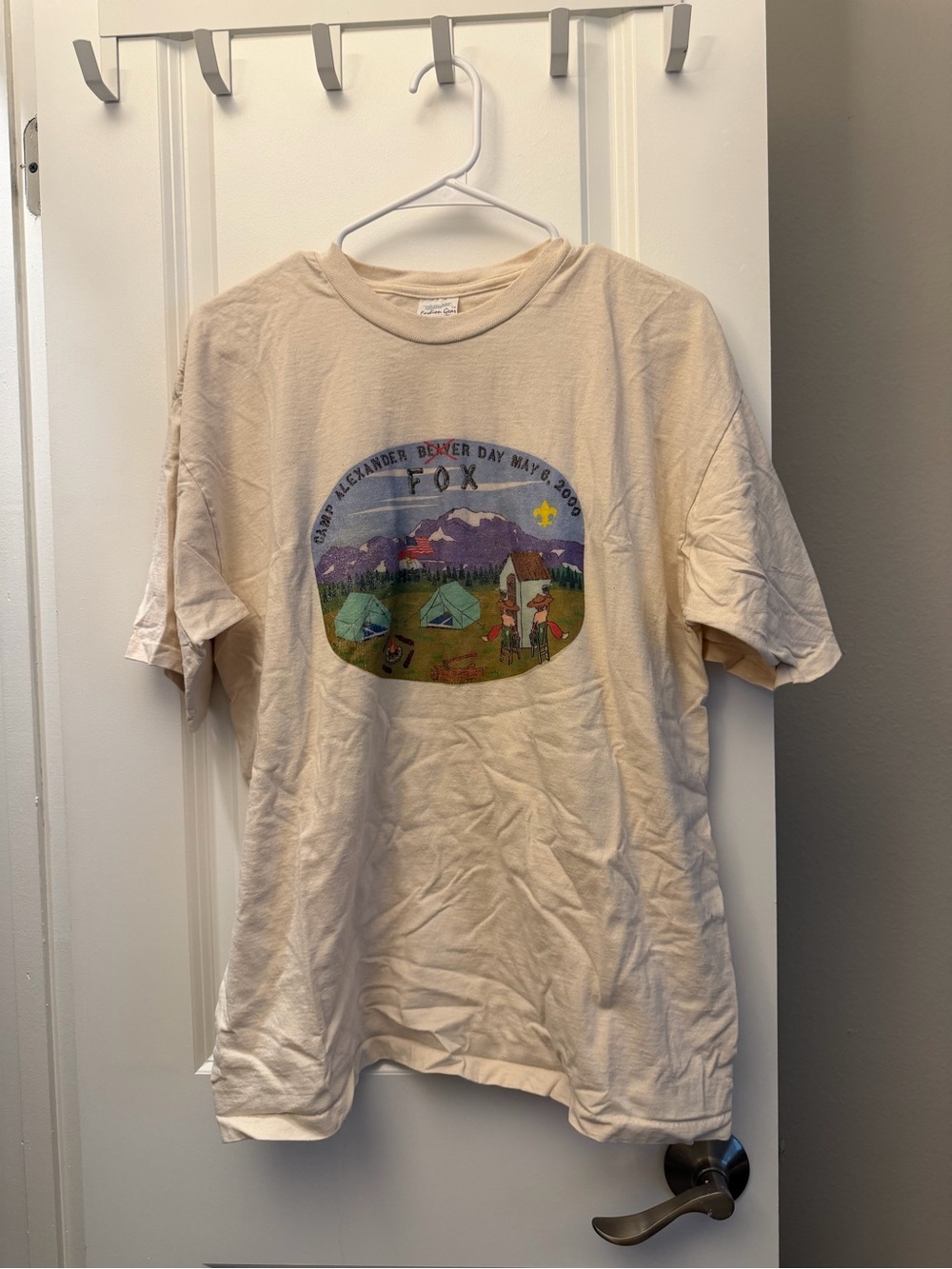 Camp Alexander Fox Day Cream Short Sleeve Tee with Colorful Camping Graphic
